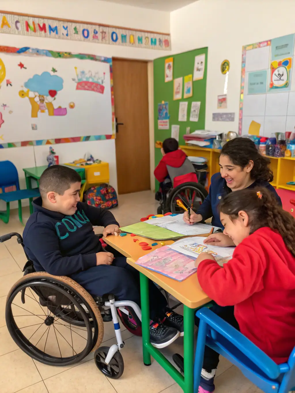 A group of children with disabilities participating in an art therapy session, smiling and engaged, in a brightly lit room at ENTRAIDE UNION.