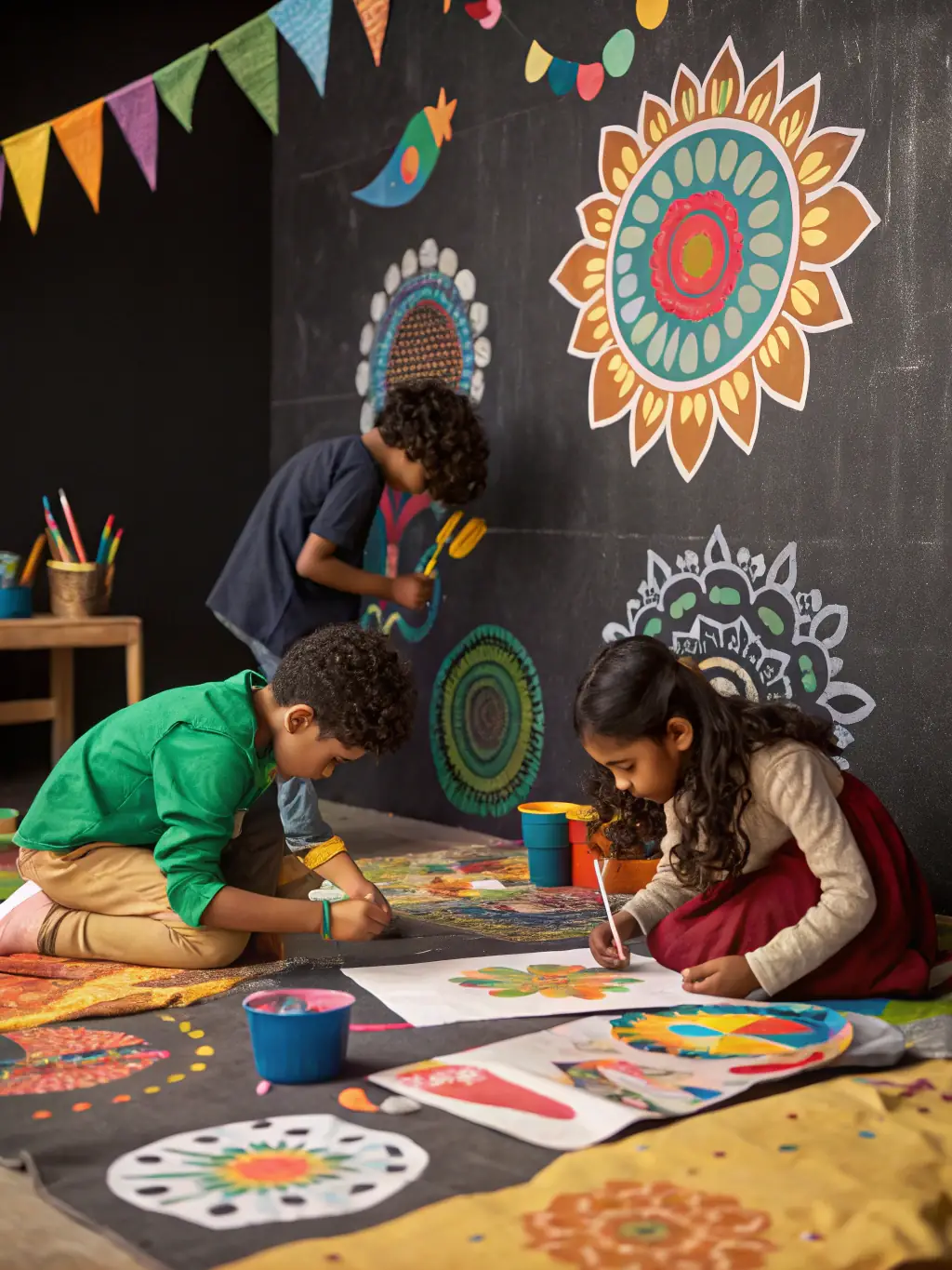 A vibrant photo of children participating in an art therapy session, showcasing the creative and supportive environment of the disability support program at ENTRAIDE UNION.