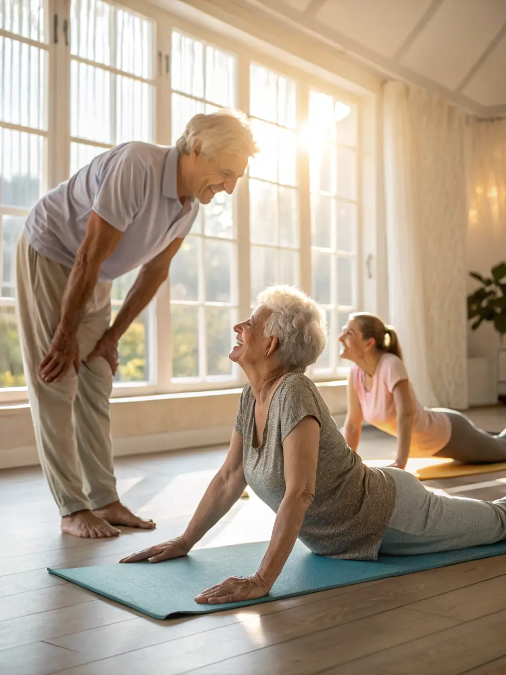 A group of seniors engaged in a gentle exercise class, demonstrating the active and healthy lifestyle promoted by ENTRAIDE UNION's elderly care program.