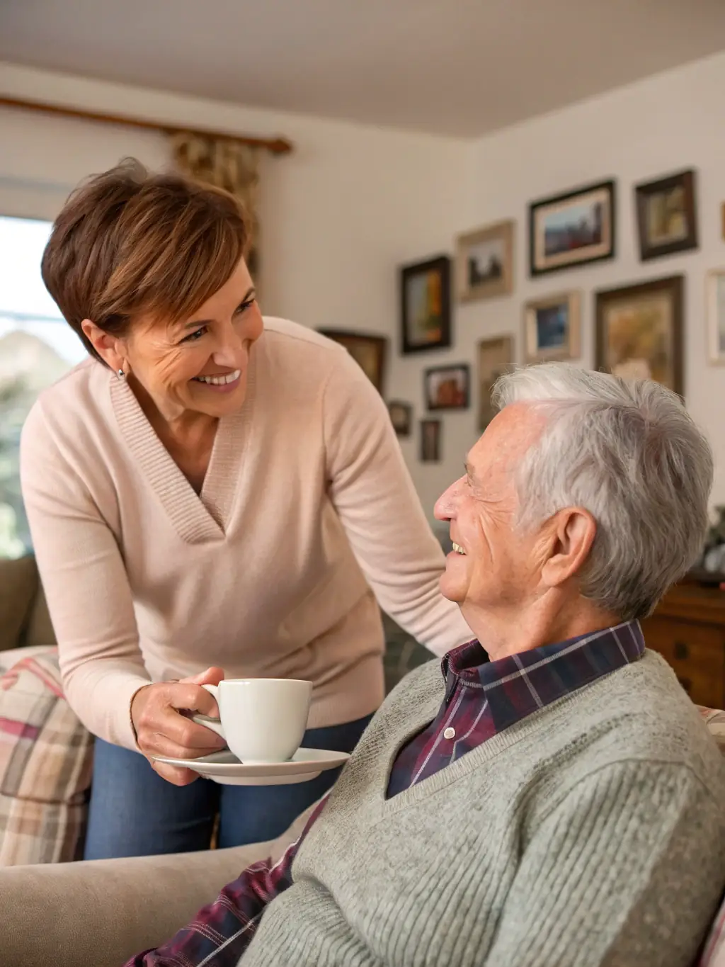 An elderly woman receiving personalized care and assistance from a caregiver at ENTRAIDE UNION, showing compassion and support.