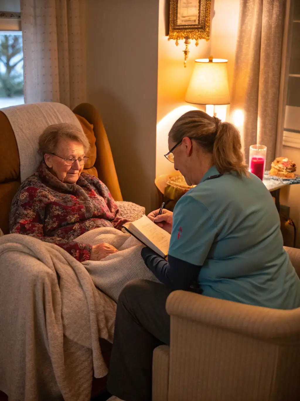 An elderly woman receiving assistance from a caregiver during a home visit, showcasing ENTRAIDE UNION's commitment to elderly care.