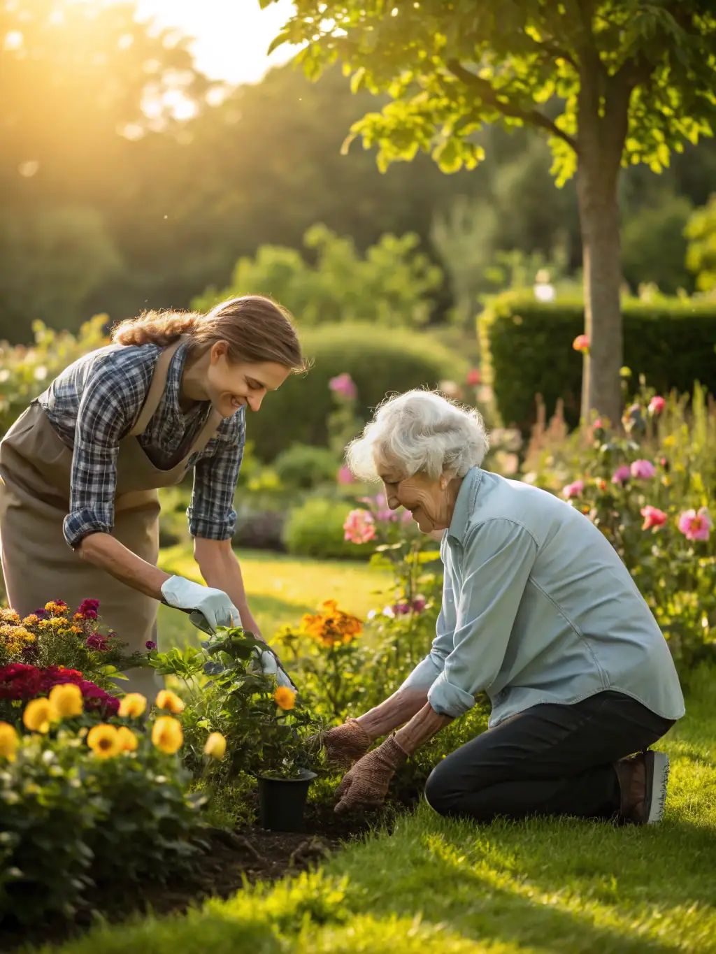 A heartwarming image of volunteers assisting elderly individuals with gardening, showcasing the community support and engagement fostered by ENTRAIDE UNION.