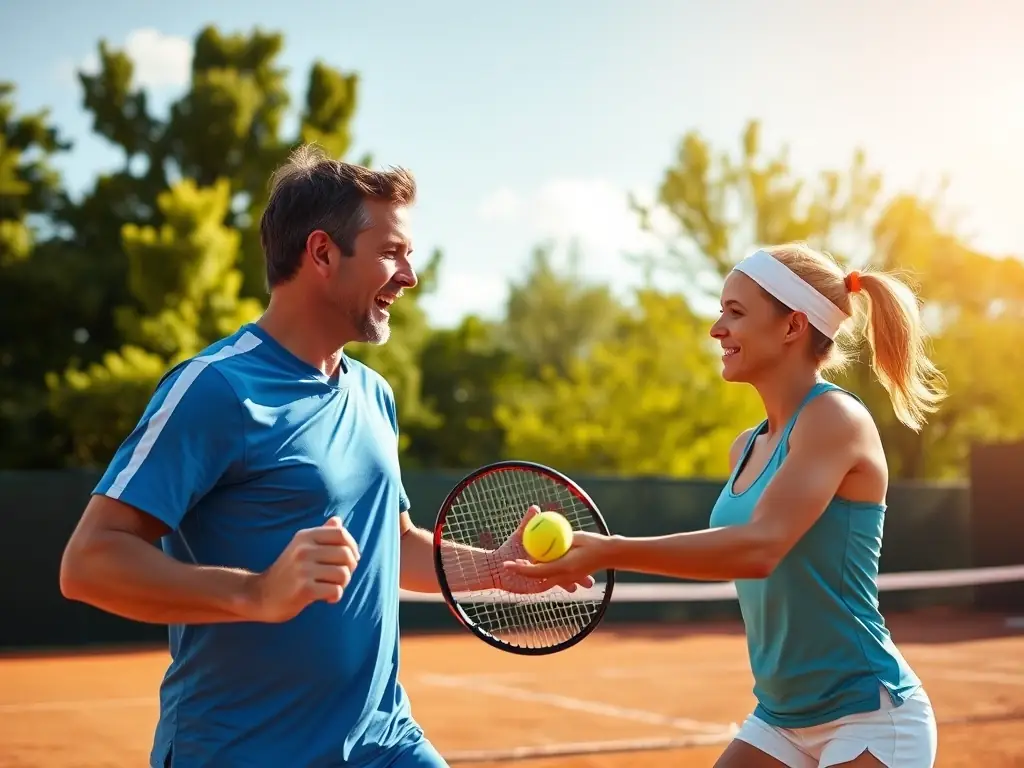 An action shot of adult players engaged in a competitive doubles match on a clay court at the Tennis Club de Pau, showcasing the intensity and camaraderie of the sport.
