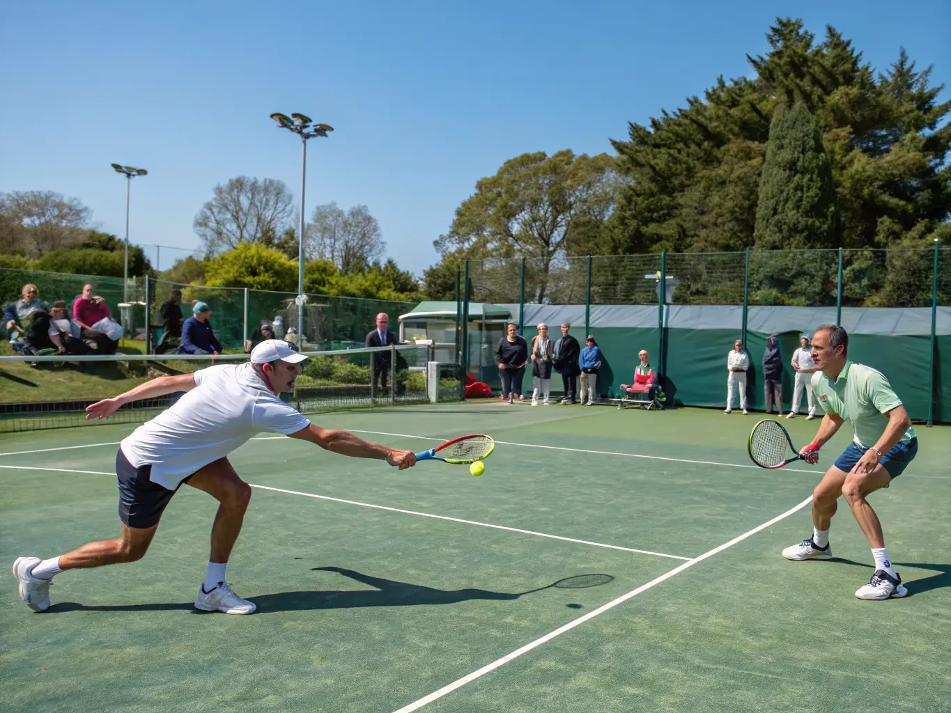 A dynamic shot of adults engaged in a competitive doubles match on a well-maintained tennis court.