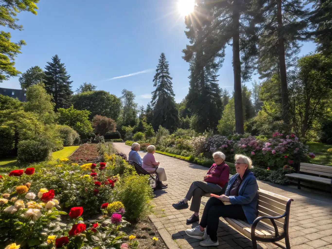 A serene image of a group of senior players participating in a social tennis session, emphasizing the health benefits and social interaction aspects of the sport at the Tennis Club de Pau.