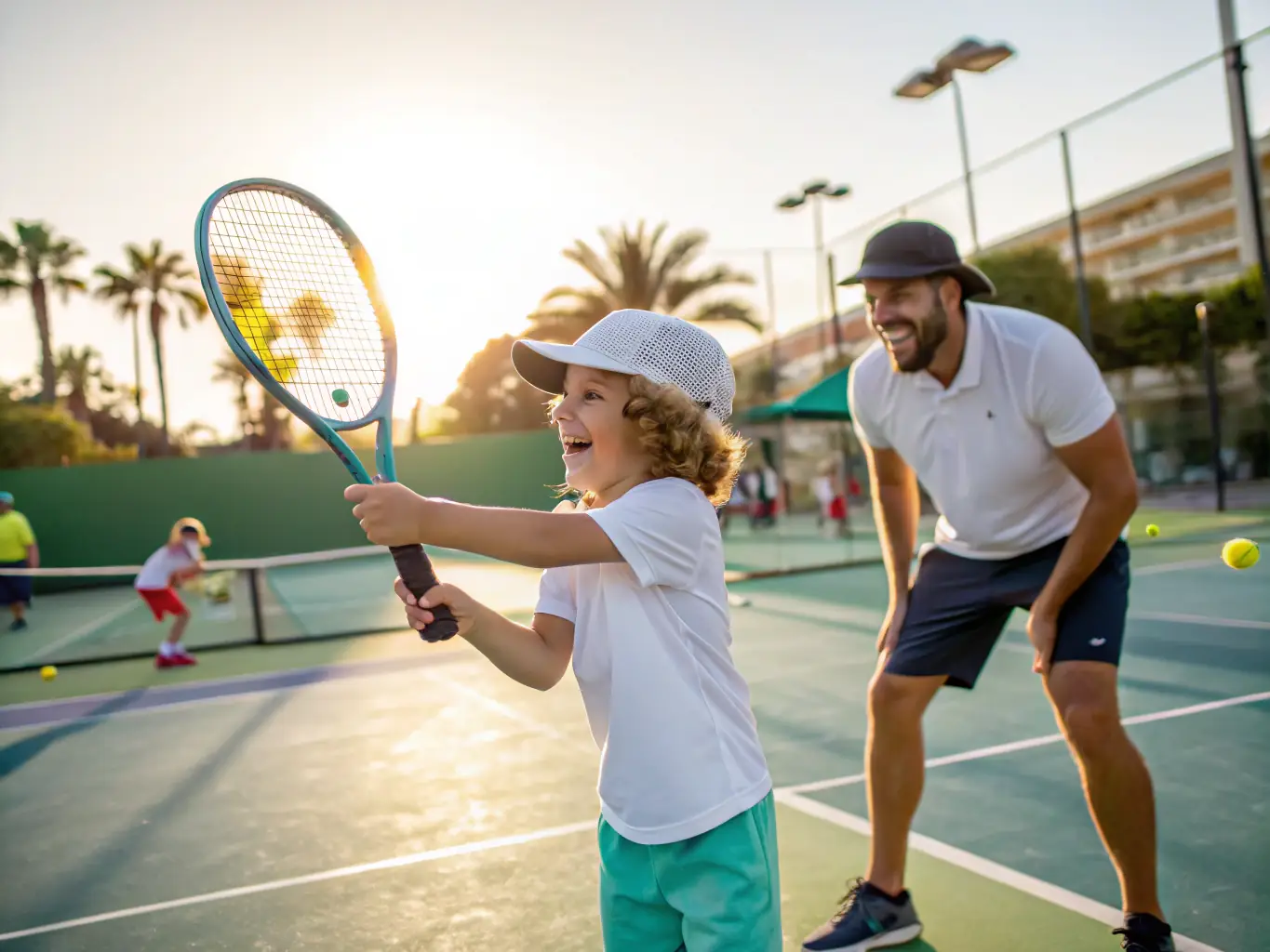 A vibrant image of children participating in a junior tennis clinic, focusing on fun drills and basic tennis techniques, set against the backdrop of the Tennis Club de Pau's courts.
