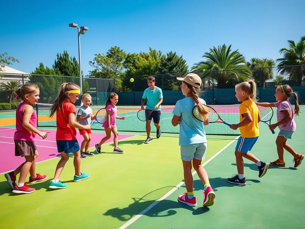 A vibrant image of children participating in a junior tennis clinic, showcasing the fun and engaging atmosphere of the program.