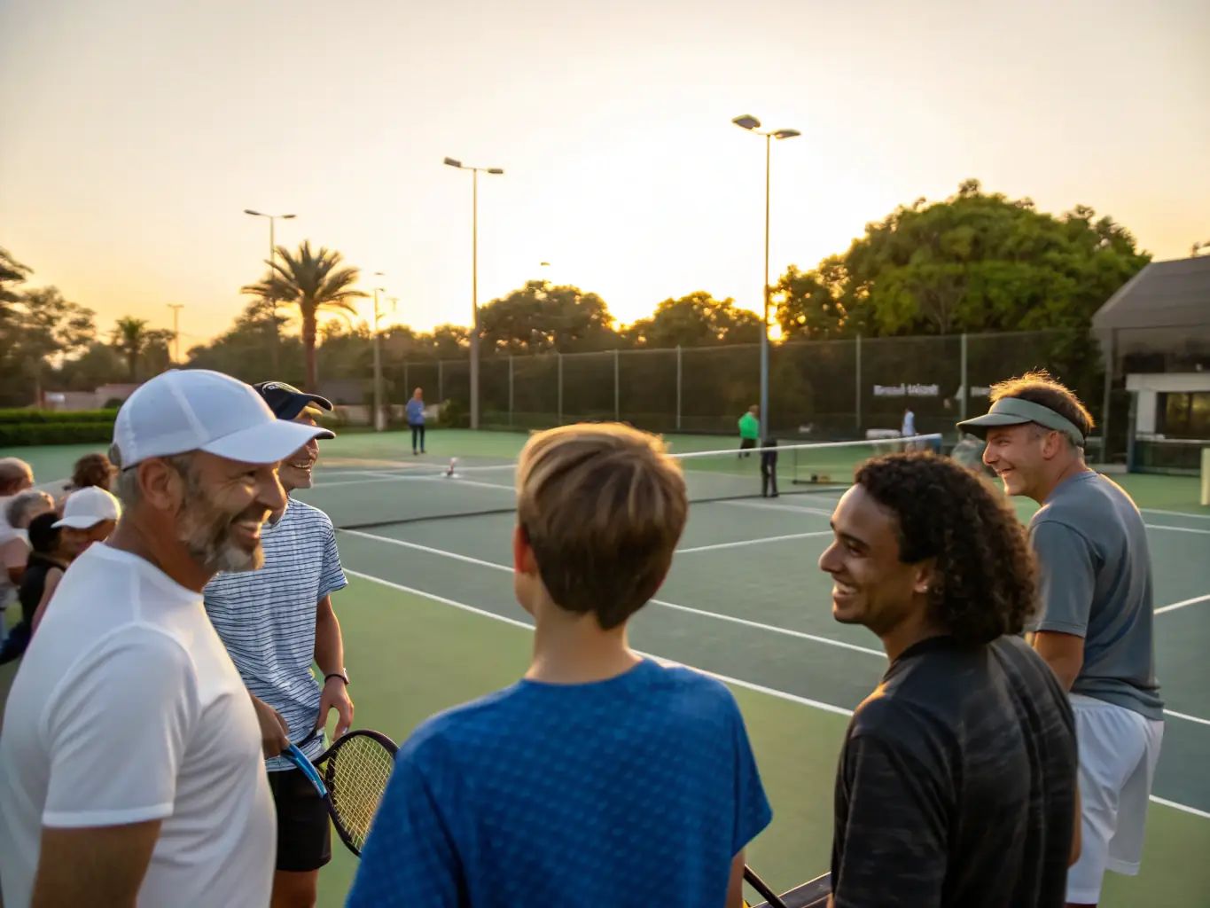 A scenic image of a group participating in a recreational tennis event, with a focus on the social and community aspects.