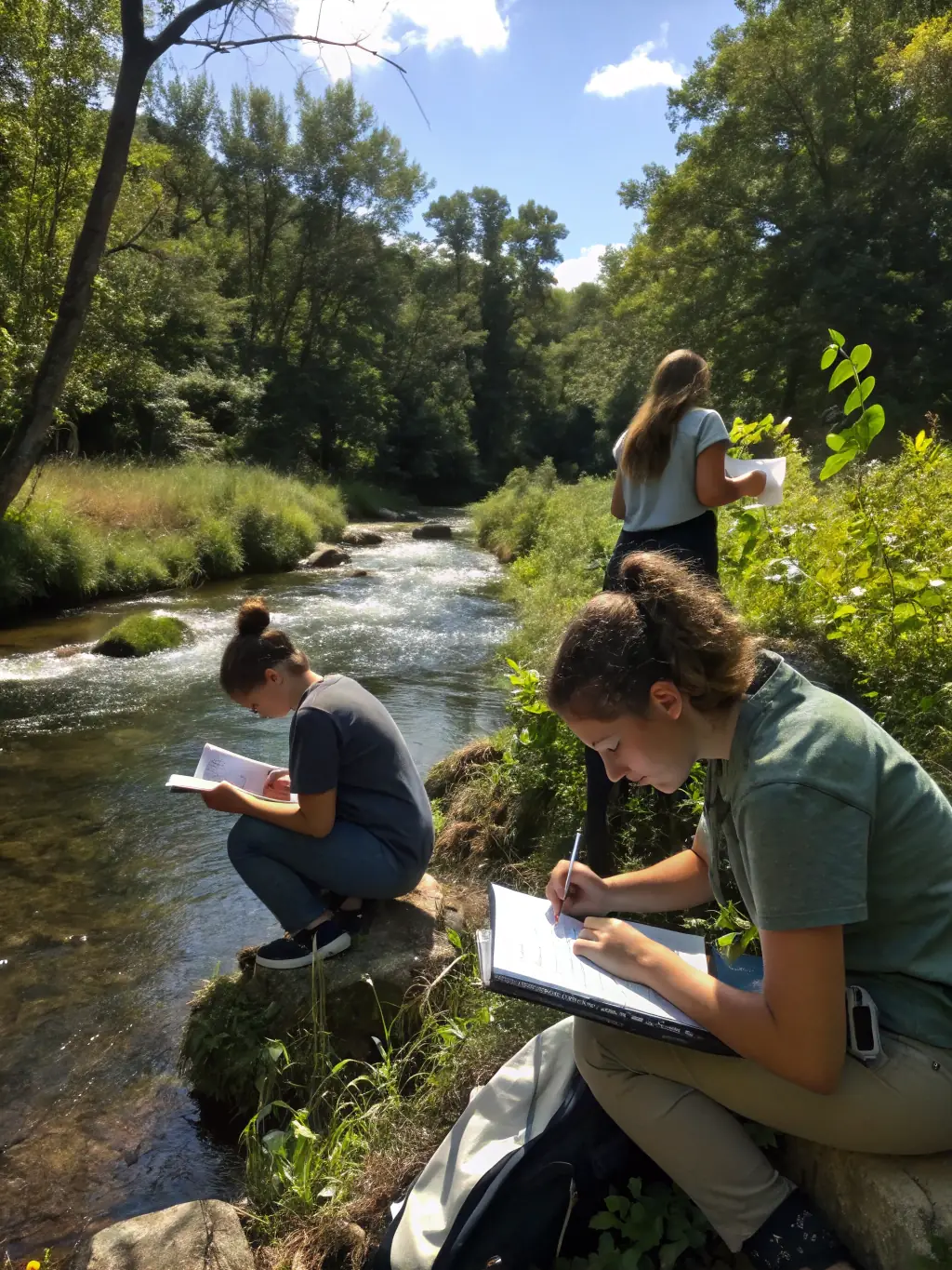 A photograph capturing a group of students participating in a hands-on science experiment during an environmental education program, showcasing active learning and engagement.
