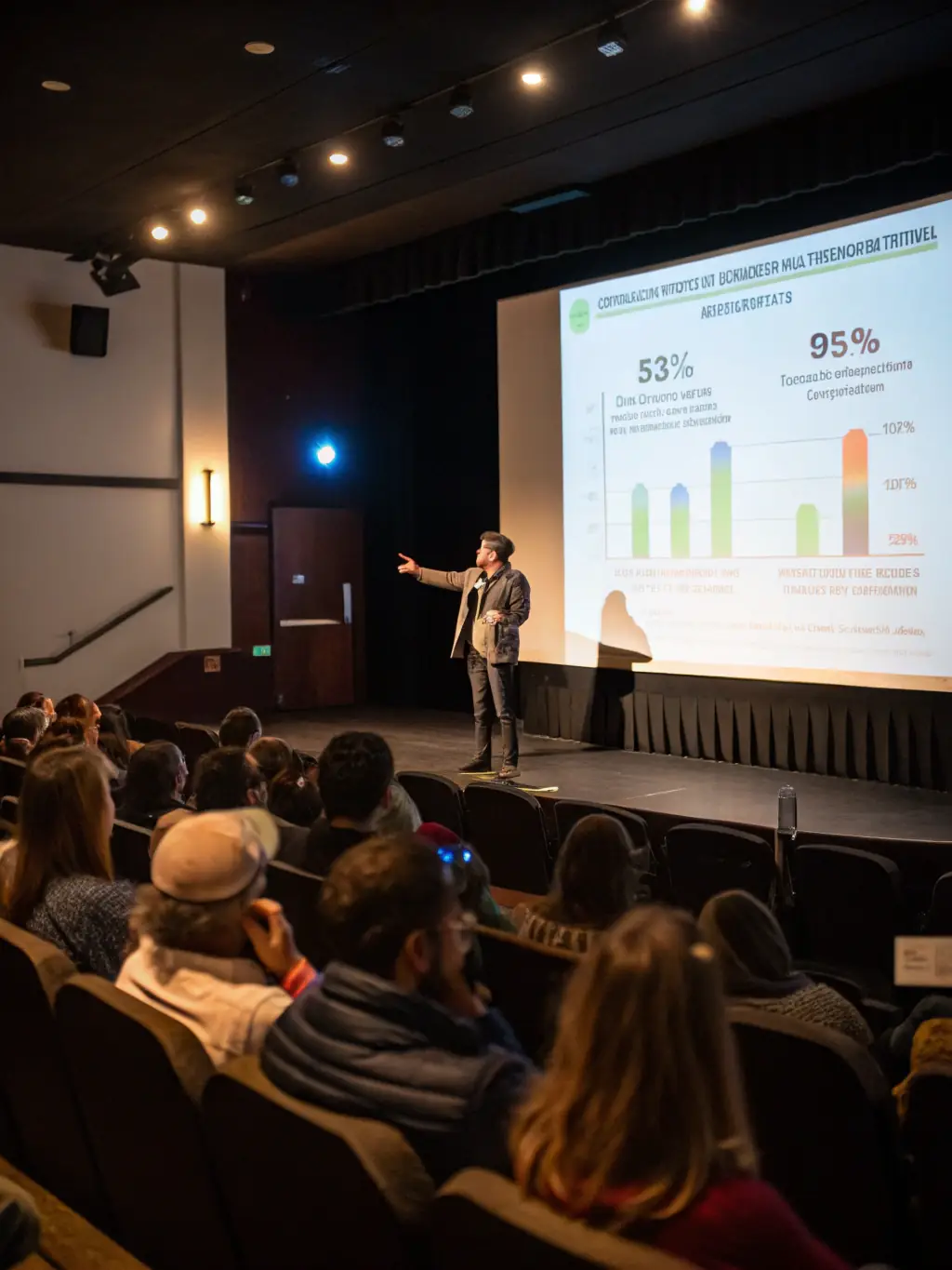 A photo of a community seminar on environmental conservation, featuring a speaker presenting to an attentive audience, promoting environmental awareness.