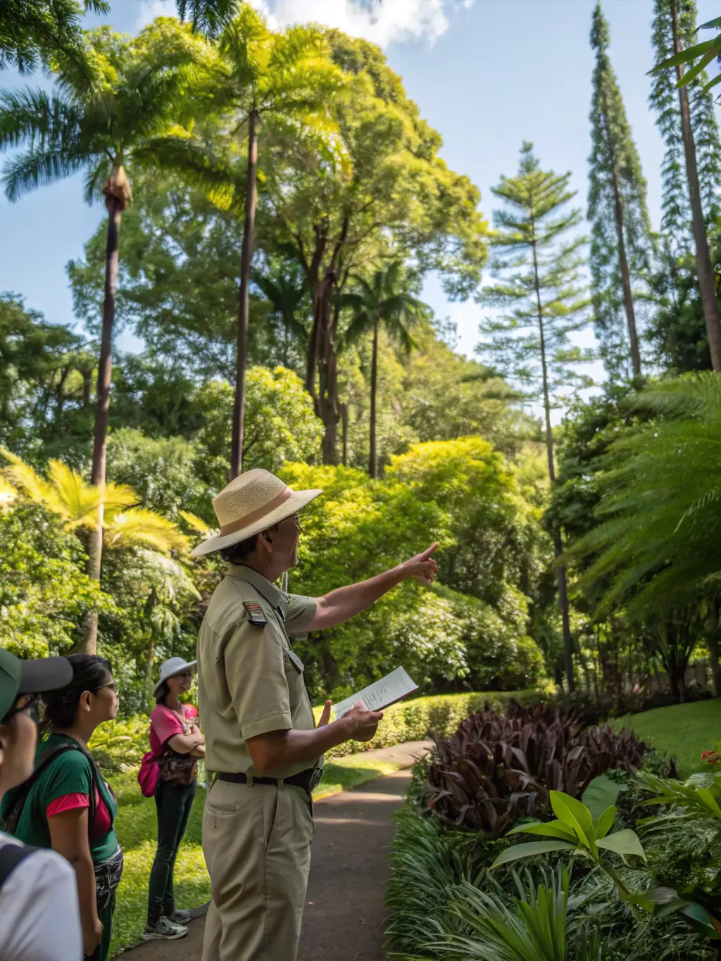 An image of a guided nature walk led by an expert, with participants observing and learning about local flora and fauna in a natural setting.