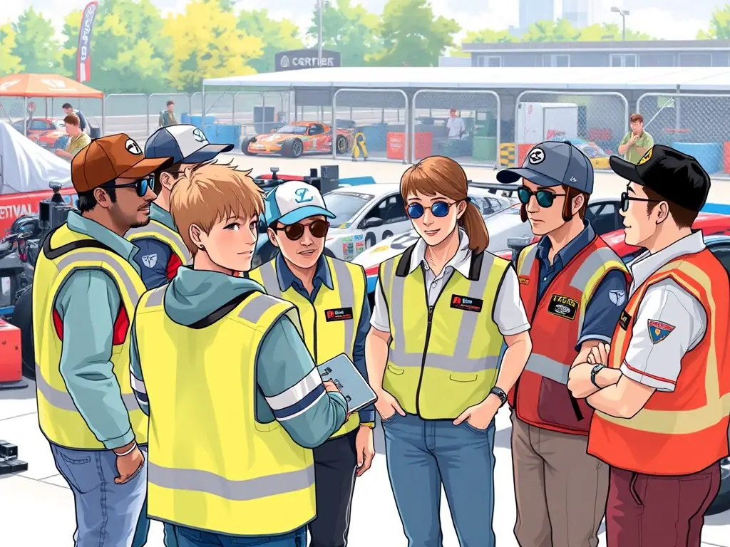 An image depicting club members actively participating in a motor racing initiative, such as volunteering at an event or contributing to the organization of a race, showcasing their commitment to the sport.