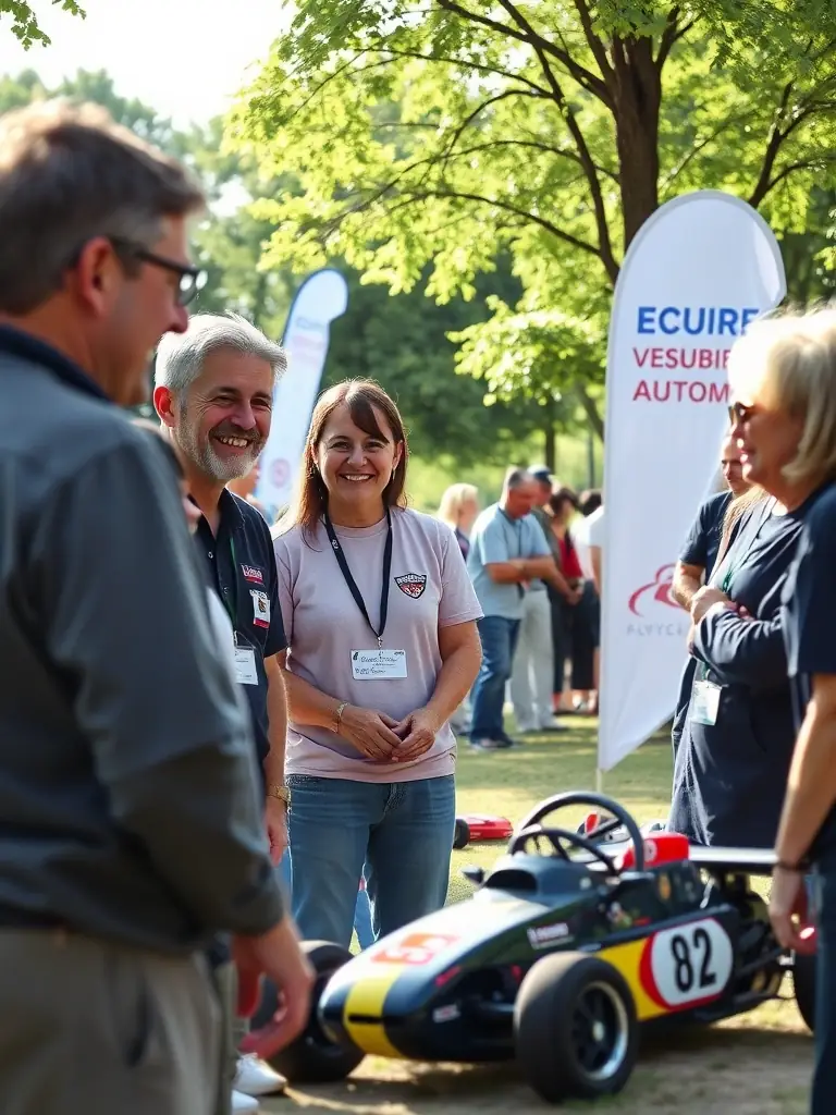 A photograph capturing ECURIE VESUBIENNE AUTOMOBILE members engaging in a community event, highlighting the club's commitment to local life and sports actions.