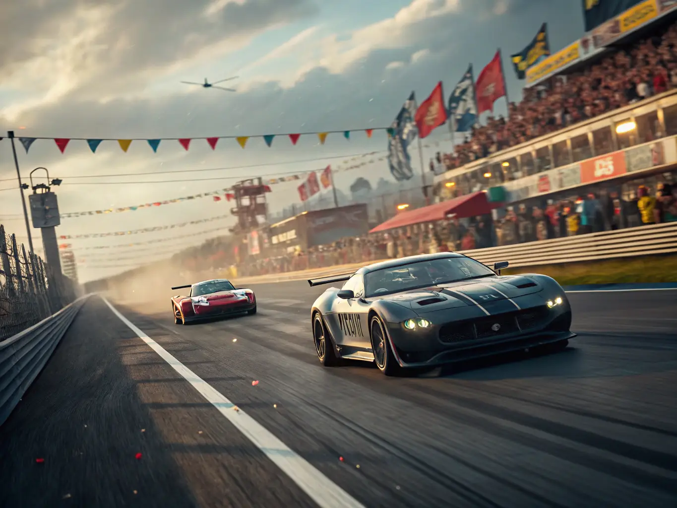 A dynamic image capturing the excitement of a motor racing event, showcasing cars speeding on the track with enthusiastic spectators in the background, emphasizing the thrill and community spirit.