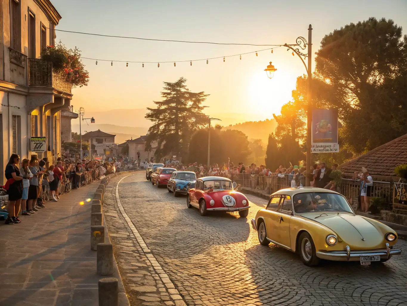 A captivating photo of a vintage car exhibition, highlighting meticulously restored vehicles with enthusiasts admiring the craftsmanship. The event takes place in a historic town square.