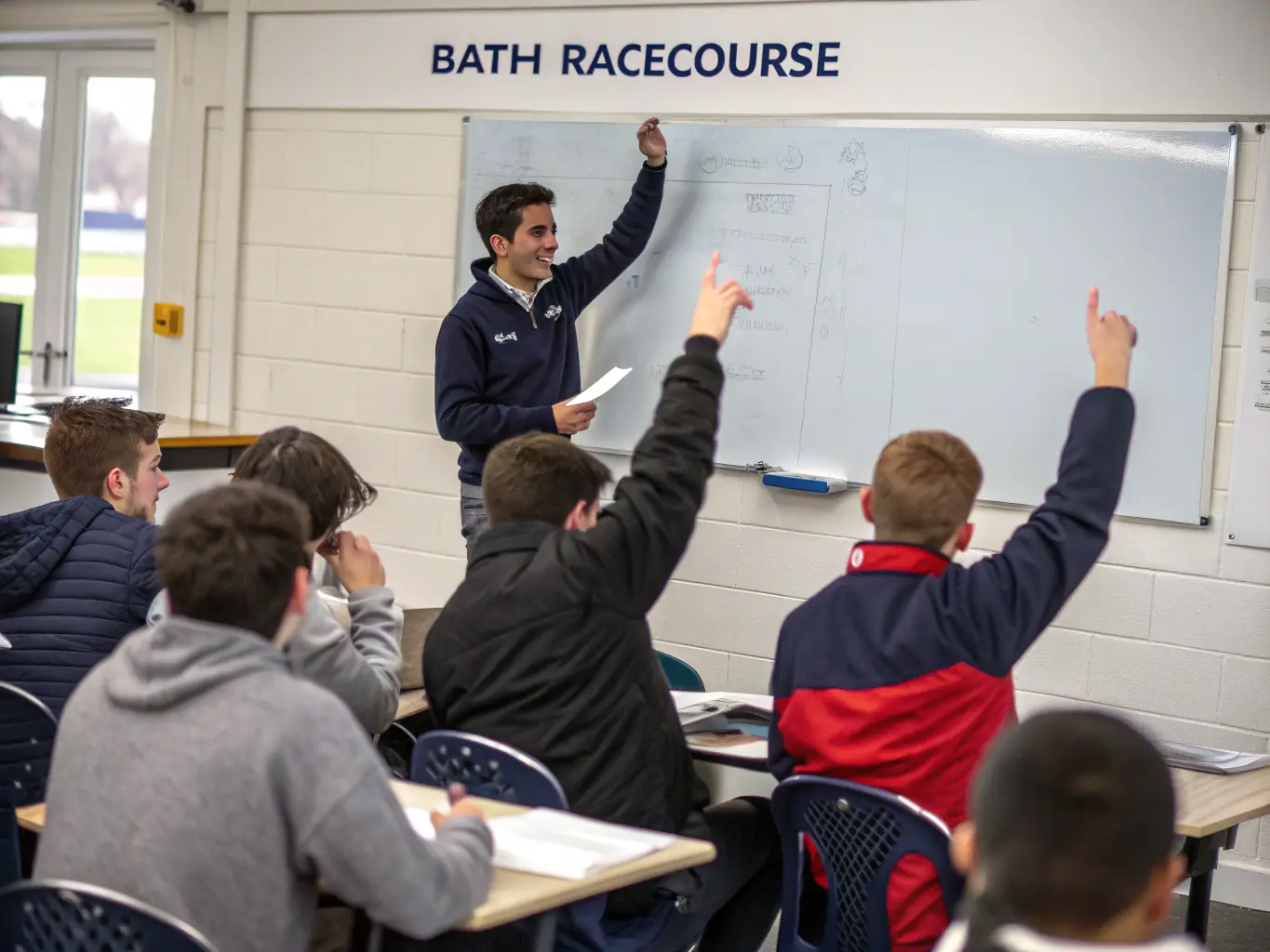 An instructor guiding a group of young drivers through a technical driving course, emphasizing the importance of safety and skill development in ECURIE VESUBIENNE AUTOMOBILE's training programs.
