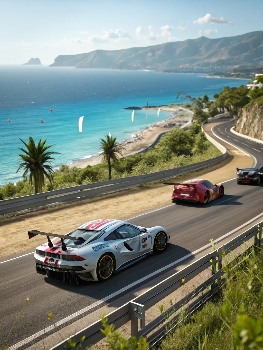 A high-speed car race with multiple vehicles competing closely on a sunny day, showcasing the excitement of motorsport events organized by ECURIE VESUBIENNE AUTOMOBILE.