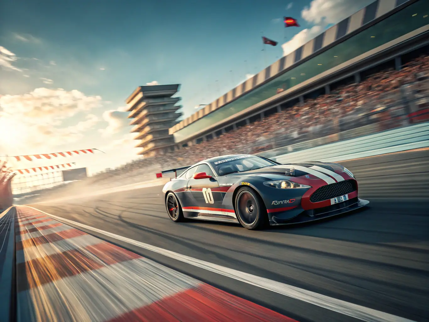 A dynamic image of cars racing on a track with spectators cheering in the background, showcasing the excitement of motorsport events organized by ECURIE VESUBIENNE AUTOMOBILE.