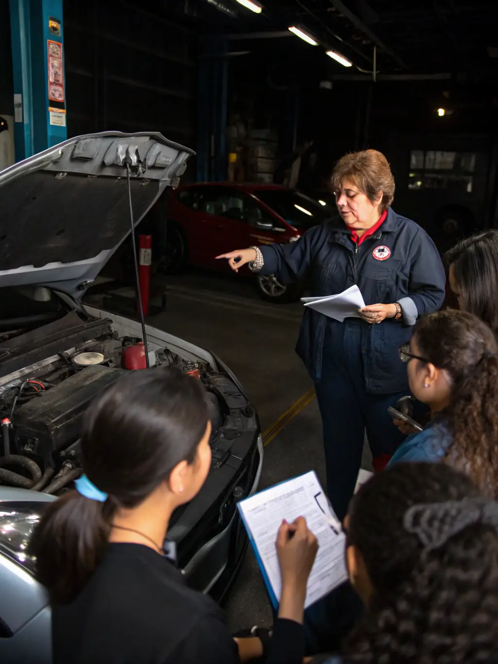 A focused image of participants in a training session, learning about the technical aspects of motorsport from experienced instructors at ECURIE VESUBIENNE AUTOMOBILE.