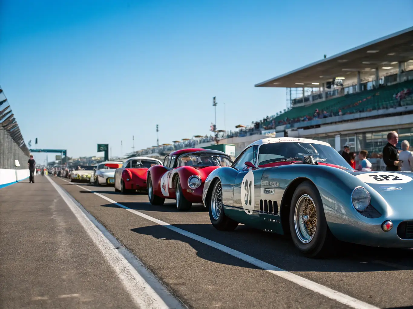 A vibrant image capturing the start of a hill climb race, showcasing classic and modern cars lined up, ready to ascend. The backdrop features scenic mountain views.