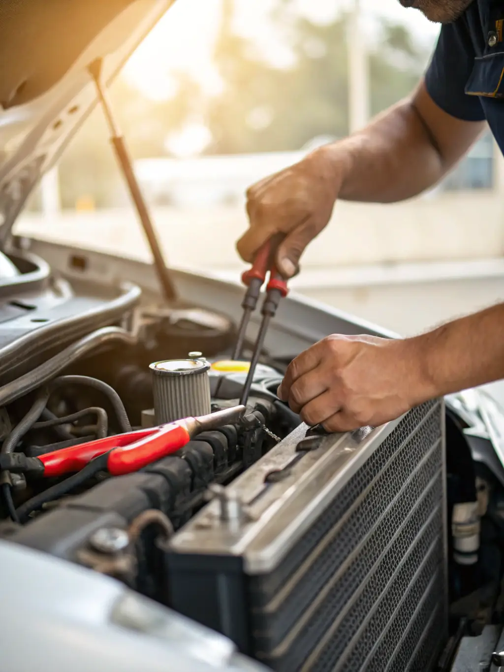 A detailed shot of a race car's engine being tuned by a mechanic, emphasizing the technical aspects of motorsport events.